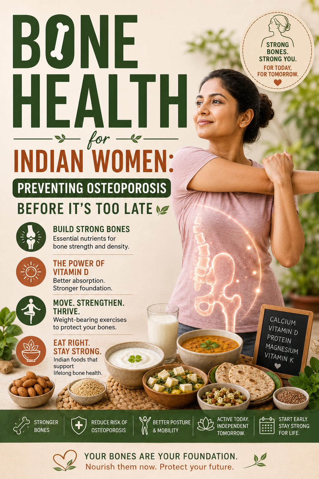 Indian woman eating ragi and sesame for bone health — osteoporosis prevention guide for South Asian women