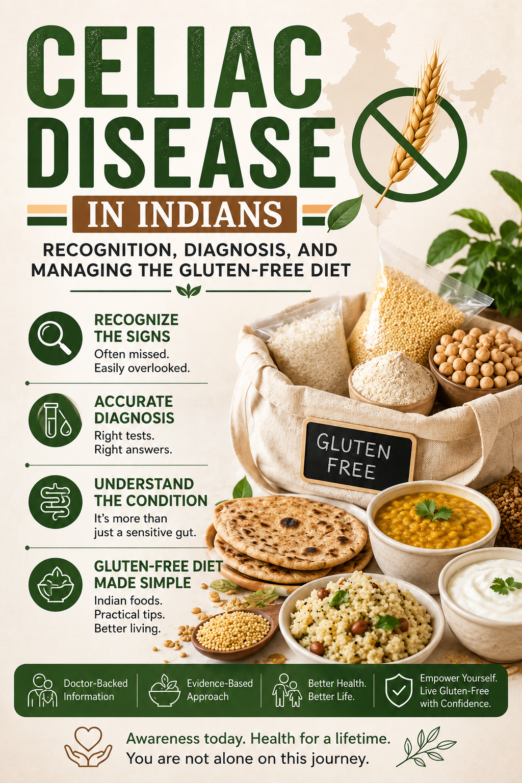 Indian woman with celiac disease preparing gluten-free ragi and rice meal — recognition and dietary management guide